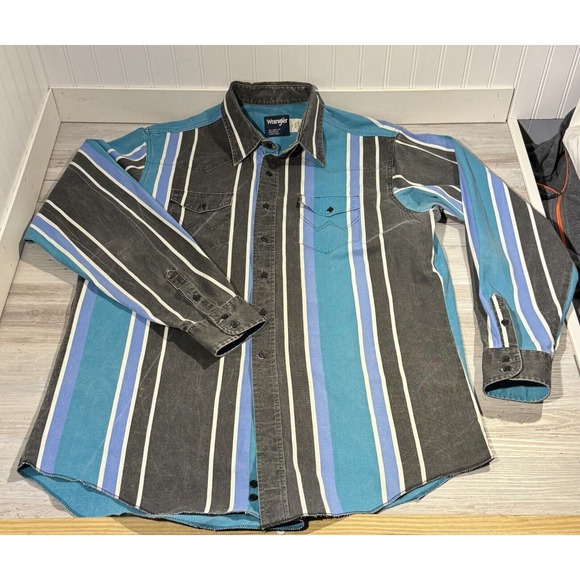 Vtg Wrangler Brushpopper Shirt 17.5 38 XLT Western Rodeo Cowboy Black Blue 90s - Picture 2 of 9